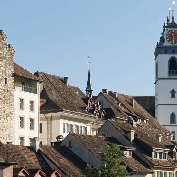 Abbildung von Dächern mit Kirchenturm in Aarau
